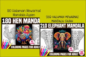 Paket Halaman Mewarnai Mandala Gajah dan Ayam